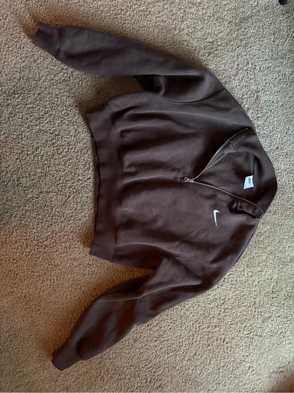 Nike Brown Quarter-Zip with White Swoosh Cropped Women’s